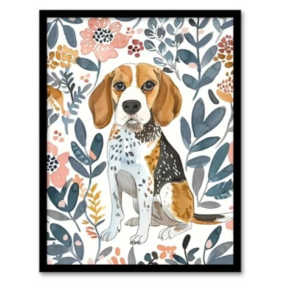 Image of Artery8 Dog Lover Beagle in Flower Garden Watercolour Living Room Artwork Framed Wall Art Print A4