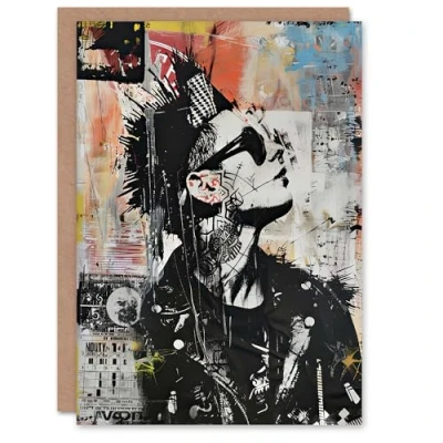 Image of Artery8 Greeting Card Punk Portrait Street Art Mohawk Bold Anarchy Blank For Him Or Her Birthday