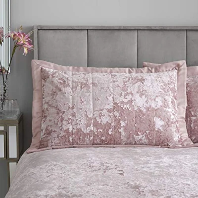Image of Catherine Lansfield Crushed Velvet Quilted Pillow sham Pillowcase Pair Blush Pink
