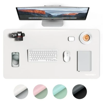 Image of TECKNET Leather Desk Mat, Waterproof Pad Large PU Protector Mat Easy Clean Mouse Mats for Desk, Writing, Home, Decor (80cm x 40cm, White)