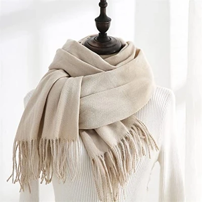Image of HGJH Ladies Winter Scarf Women&#039;S Cashmere Feel Soft Thick Warm Cream Solid Color Tassel Wrap Blanket Elegant Stole Scarves Fashion For Women Girls