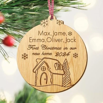 Image of Personalised 1st Christmas in our new Home Bauble First Xmas decoration for house housewarming gift Wooden Tree Ornament Hand Finished UK(Round)