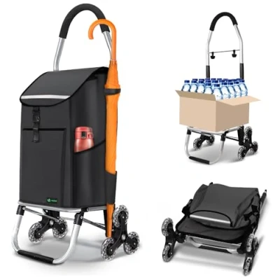 Image of VOUNOT Folding Shopping Trolley on 6 Wheels, Aluminium Lightweight Cart with Insulated Cooling Bag, 2 Hooks, Side Pockets, Stair Climbing Grocery Trolley, 45L Black