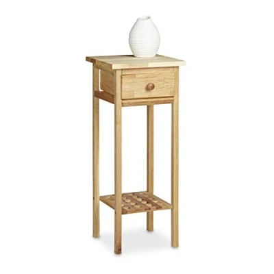 Image of Relaxdays Walnut Telephone Table, 60 x 25 cm Side Table End with Drawer, Console Wooden Plant Stand Tall Flower Natural
