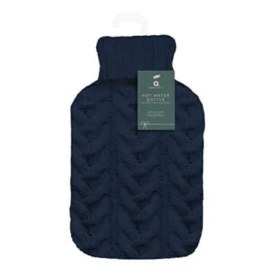 Image of Aroma Home Hot Water Bottle with Chunky Knitted Navy Blue Cable Pattern Cover