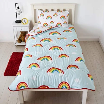 Image of Rest Easy Single Coverless Duvet Bedding Care Free Reversible Quilt &amp; Pillowcase Washable, Perfect For Travelling Sleepovers 10.5 tog, Rainbow Design