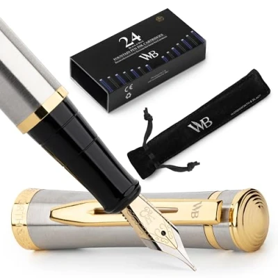Image of Wordsworth and Black Fountain Pen [Silver Gold] Luxury Medium Nib Set Includes 24 Ink Cartridges [Black &amp; Blue], Refillable Converter Pens for Writing or Calligraphy