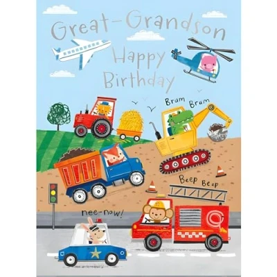 Image of Great Grandson Birthday Card Animal, Truck, Airplane and Helicopter Design Special Finishes Made in the UK Eco Friendly