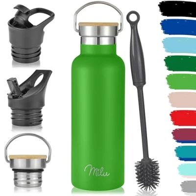 Image of Milu Stainless Steel Drinking Bottle 350ml, 500ml, 750ml, 1l (+3 Lids) Thermo with Straw, Water Bottle, for Hot, Cold &amp; Carbonated Drinks (Apple Green, 750ml)