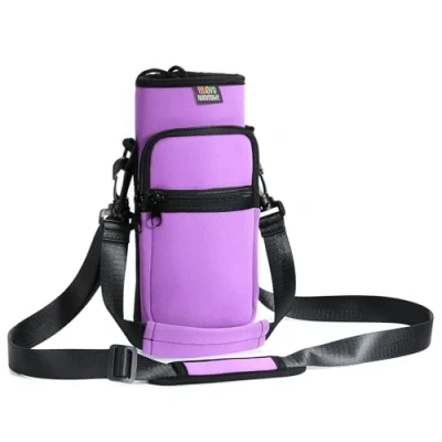 Image of Nuovoware Water Bottle Carrier Bag, 25oz/32oz Pouch Holder, Adjustable Shoulder Hand Strap 2 Pocket Sling Neoprene Sleeve Sports Bag for Men Women Hiking Travelling, Taro Purple