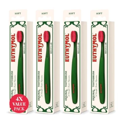 Image of Euthymol Regular Toothbrush x 4, Compact Small Full Head, Soft Bristle, Triple Curve Ergonomic Manual Toothbrushes, Deep Cleaning, Sensitive Gums Teeth, Daily Oral Enamel Dental Care
