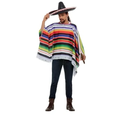 Image of Smiffys Poncho, Multi Coloured , Cowboys and Indians Fancy Dress, Mexican Dress Up Costumes