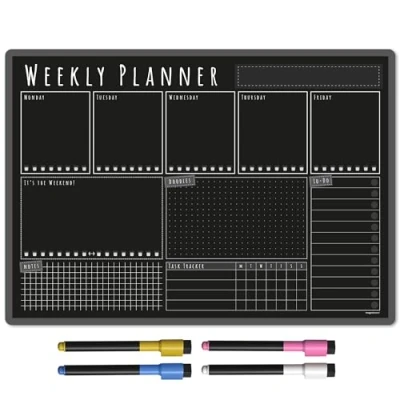 Image of TMS A3 Weekly Planner Whiteboard Magnetic Calendar for Fridge and Dry Wipe Pens Meal or Family Kitchen (Blackboard, WEEKLY)