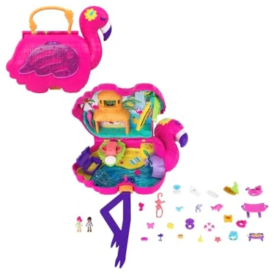 Image of Polly Pocket Flamingo Party Large Compact, 26 Surprises (Including Margot &amp; Friend Dolls), Pop Swap Feature, 4 Up