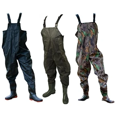 Image of DNA Leisure New Green Camo or Black PVC Fly Carp Coarse Fishing Chest Waders with Elastic Quick Release Buckle Straps and Anti Slip Moulded Boots/Wellies (EU Size: 44, UK Size 10, Black)