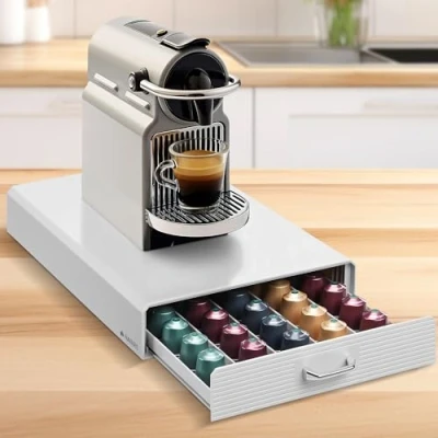 Image of Navaris Coffee Pod Holder Drawer 50 Capsule Storage Organiser Tray Container Box Stand Compatible with Standard Sizes of Pods and Capsules White