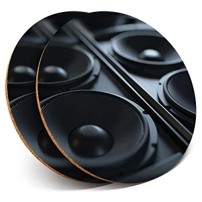 Image of 2 x Round Coasters Music Speakers DJ Cork Backed Home Kitchen Accessory Tea Coffee Mug Mat #14351