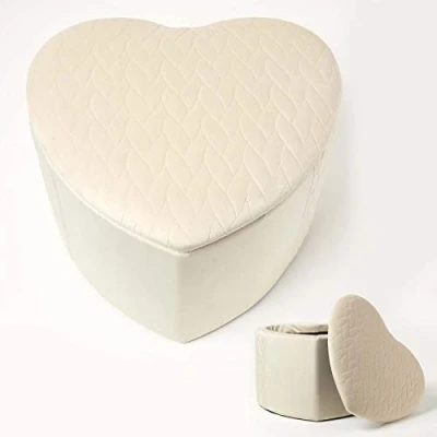 Image of HOMESCAPES Cream Velvet Footstool with Storage Pouffe Heart Shaped Modern On Trend Quilted Vanity Stool Lid Multifunctional Upholstered &#039;Arundel&#039; Footrest Ottoman Seat, 33 cm Tall