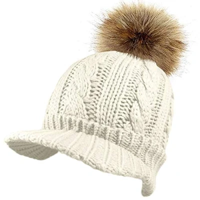Image of TOSKATOK Ladies Womens Cable Knit Peaked Beanie Cap Hat with Warm Fleece Lining and Detachable Faux FUT Pom Cream