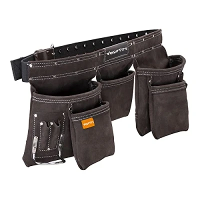 Image of WrightFits Leather Apron Tool Belt, Heavy Duty Pouch with Multi Pockets, Professional Work for Electricians, Carpenters, Adjustable Waist Storage Organiser, Hammer Loop