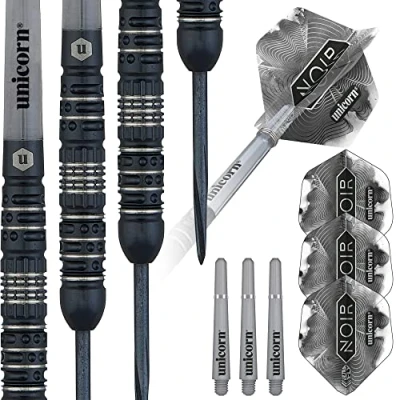 Image of Unicorn Steel Tip Darts Set Noir Style 4 90% Tungsten Barrels with Black Titanium Coating &amp; Volute Points 21 g
