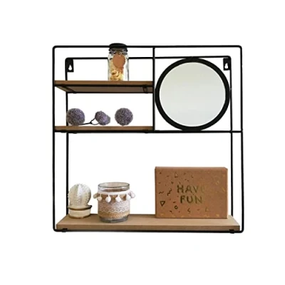 Image of Koopman Wall Shelf with Round Mirror 40 x 10 cm Metal Black Hanging