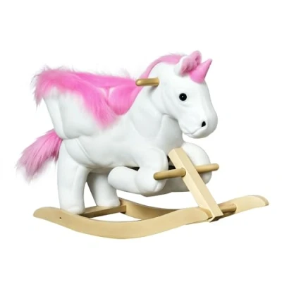 Image of HOMCOM Kids Rocking Horse Unicorn Wooden Plush Ride On Chair Toy with Music 1.5 3 Years