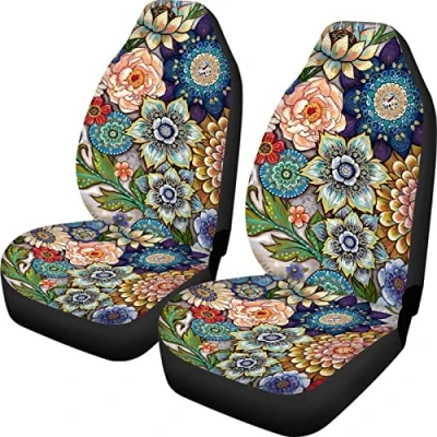 Image of TOADDMOS Bright Blossoms Colorful Boho Floral Print Car Seat Covers for Women,Universal Auto Front Seats Protector Fits Car,SUV Sedan,Truck