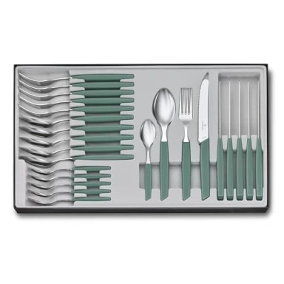 Image of Victorinox Swiss Modern Cutlery Set, Complete, 24 Pieces, Extra Sharp Knives, Forks, Spoons, Dishwasher Safe, Sage