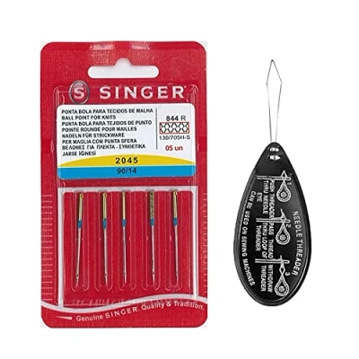 Image of Singer Ball Point Stretch 2045 Sewing Machine Needles, Packet of 5, Size 90/14, Includes Large Needle Threader