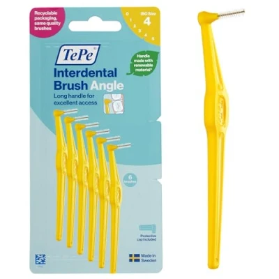 Image of TePe Interdental Brush Angle, Yellow, 0.7mm/ISO 4, 6pcs, Plaque Remover, Easy and efficient Cleaning Between Teeth, Tooth Floss for Small Gaps
