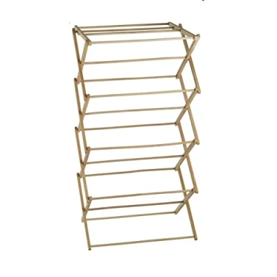 Image of HOMION Clothes Airer 4 Fold Large Foldable Traditional Wooden Folding Concertina Design Wood Free Standing Drying Rack Airier (Bamboo Tier)