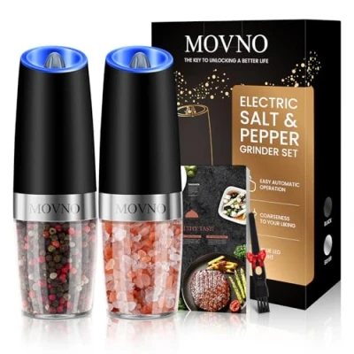 Image of MOVNO Gravity Electric Salt and Pepper Grinder Set of 2 with Blue LED Light, Battery Powered Automatic Mill a Brush, Adjustable Coarseness, One Hand Operation, Black Pack