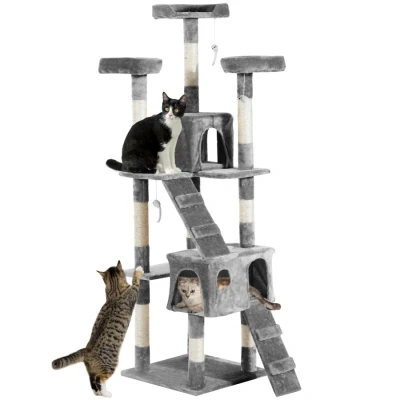 Image of PawHut Cat Tree for Indoor Cats, 173cm Tower Scratching Post Tall Climbing Tower, Activity Centre House Grey
