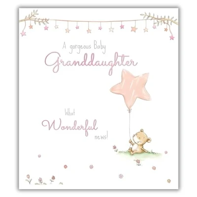 Image of New Baby Granddaughter Congratulations Card Wonderful News! Bear and Balloon Special Finish Made in the UK Eco Friendly