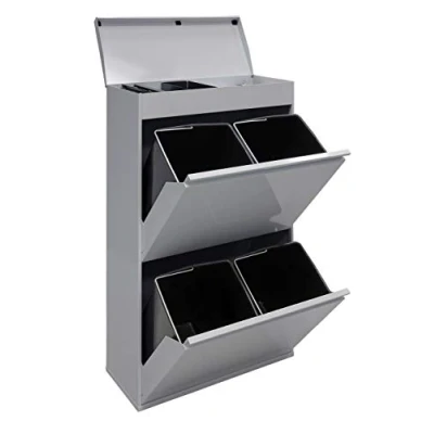 Image of Arregui Top CR622 B 4 Compartment Steel Recycling Trash Can with Tray 4x17L (68L) Kitchen Bins for Home or Office Grey
