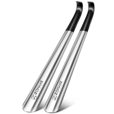 Image of ZOMAKE Metal Shoe Horn 42cm Long Handled Shoehorn 2Pcs,Extra Horns With Black Handle For Men Women The Elderly (Silver)