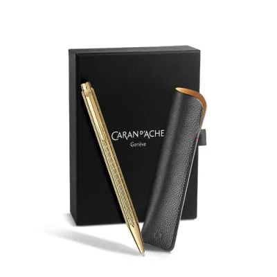 Image of Caran d&#039;Ache ECRIDOR LIGHTS Limited Edition Gold Ballpoint Pen &amp; Leather Case Set