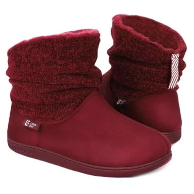 Image of LongBay Ladies&#039; Warm Chenille Knit Bootie Slippers Comfy Suedette Fluffy Faux Fur Memory Foam Boots House Shoes(5 6 UK,Red)