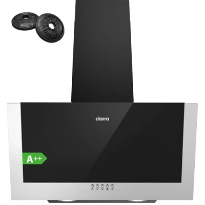 Image of CIARRA CB6736CBK Angled Cooker Hood 60cm with CBCF002X2 Carbon Filters Recirculating &amp; Ducting LED Lights Black Painting&amp;Tempered Glass Wall Mounted Range 600mm Kitchen Extractor Fan