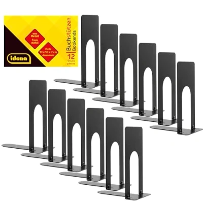 Image of Idena 11110 Metal Bookends in Black, 12 Book Stands Size 13 x 10 7 cm, Holder for Bookshelves