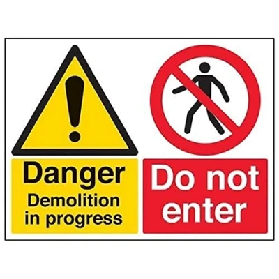 Image of V Safety 67058BF R Danger, Demolition In Progress. Do Not Enter Sign Landscape 400mm x 300mm 1mm Rigid Plastic, Black/Red/Yellow