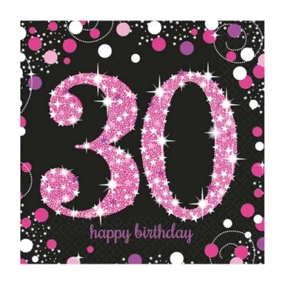 Image of amscan Men Birthday Glittery Pink Luncheon Napkins, Black/Pink, 33 cm, 16 Pcs