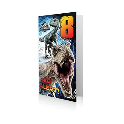 Image of JURASSIC WORLD Official Age 8 Birthday Card, 8th Birthday, Card for Eighth Climate Pledge Friendly Recyclable Officially Licensed