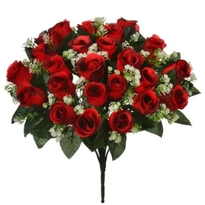 Image of 41cm Artificial Silk Red Rose Bush with Gyp &amp; Foliage 24 flower heads Wedding Grave Home Decoration