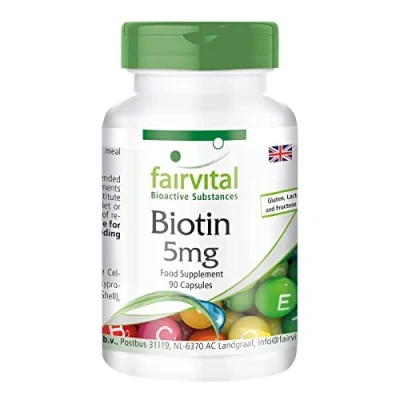 Image of Fairvital Biotin 5mg Bulk Pack for 3 Months Vegan HIGH Dosage 90 Capsules Vitamin B7