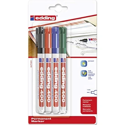 Image of edding 400 permanent marker black, red, blue, green 4 pens fine round nib 1 mm waterproof, quick drying, smear proof for cardboard, plastic, wood, metal, glass and fabric
