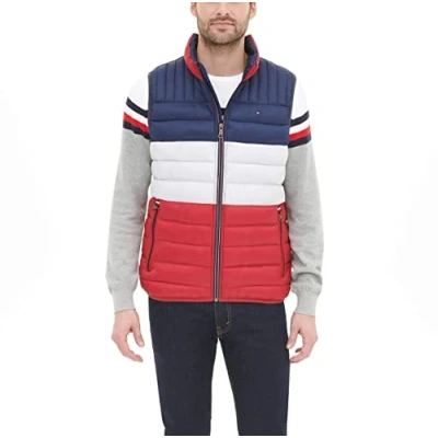 Image of Tommy Hilfiger Men&#039;s Lightweight Packable Puffer Vest, Midnight/Ice/Red Colorblock, S