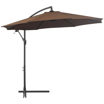 Image of Outsunny 3(m) Garden Banana Parasol Hanging Cantilever Umbrella with Crank Handle, 8 Ribs and Cross Base for Outdoor, Sun Shade, Brown