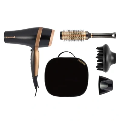 Image of Remington Hair Dryer (Gift Set with Concentrator &amp; Diffuser, Ceramic Ionic Grille, 3 Heat 2 Speed Settings and Cool Shot, Premium Storage Bag, Round Brush, 2000W) Salon Smooth D6960GP